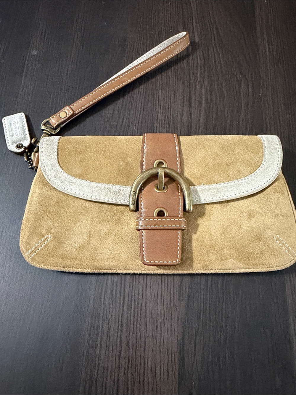 Vintage Coach Tan Suede Wristlet Clutch with Cream Trim and Gold Hardware